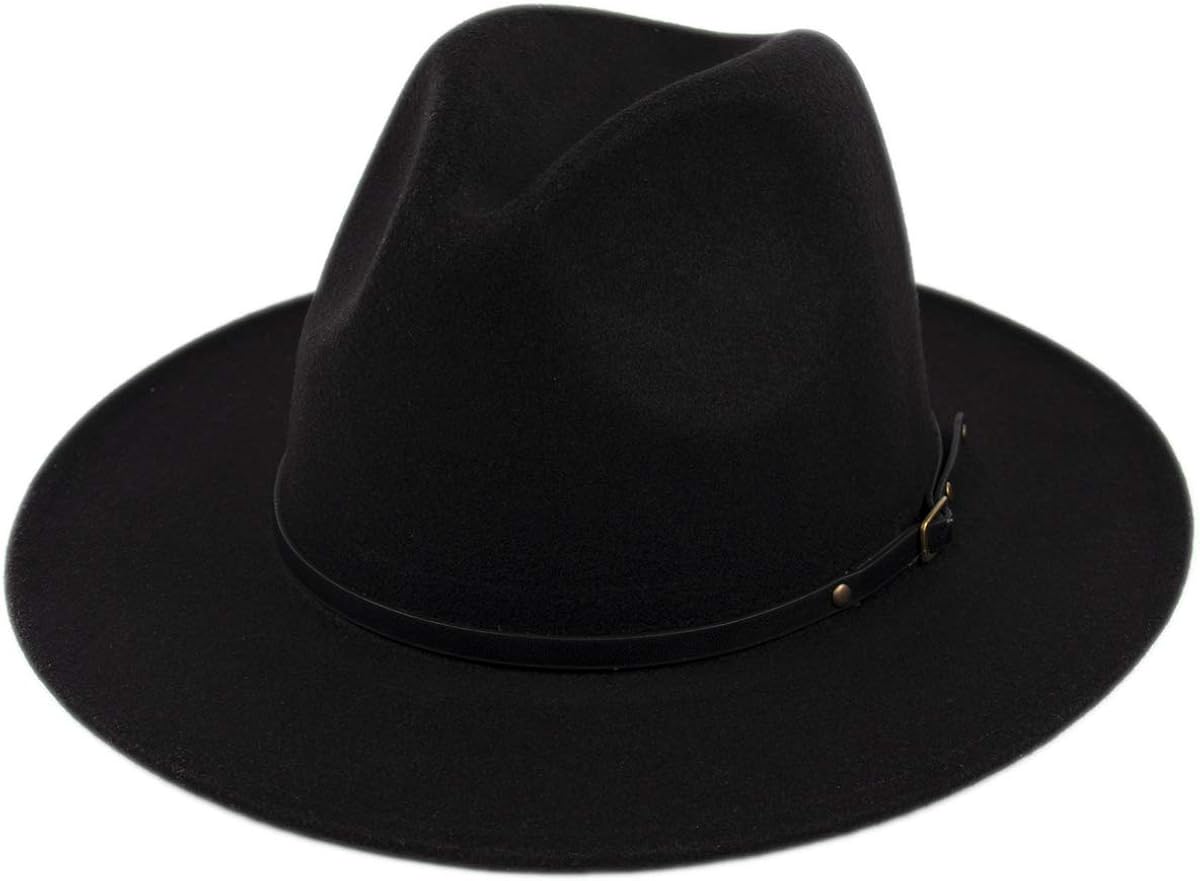 Lanzom Womens Classic Wide Brim Floppy Panama Hat Belt Buckle Wool Fedora Hat (One Size, Black) at  Women’s Clothing store