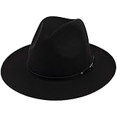 Lanzom Womens Classic Wide Brim Floppy Panama Hat Belt Buckle Wool Fedora Hat