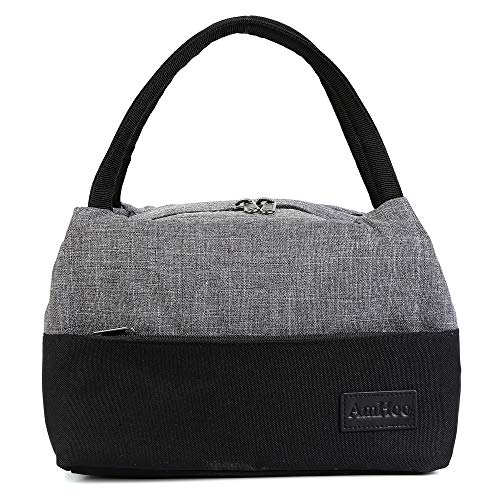 AmHoo Insulated Lunch Bag for Women Reusable Lunch Tote Cooler Bag Handbag - Double YKK Zippers - Newest Waterproof 600D linen polyester for Adults Kids Students (Grey&Black) - Thumbnail 6
