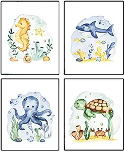 Watercolor Sea Under The Sea Art Photo Ocean Nursery Decor Set of 4 (8”X10”Canvas Picture) Girl Bedroom Wall Art Marine Life Art Seabed Seahorse Turtle Octopus Dolphin Posters Home Decor Frameless