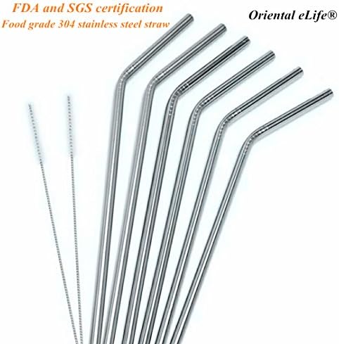 Oriental eLife Stainless Steel Straws Reusable Curved Metal Drinking Straws extra long for 30 oz &amp; 20 oz Yeti, RTIC or Ozark Trail Ramblers cups (10.5in (6Pcs+2 ))