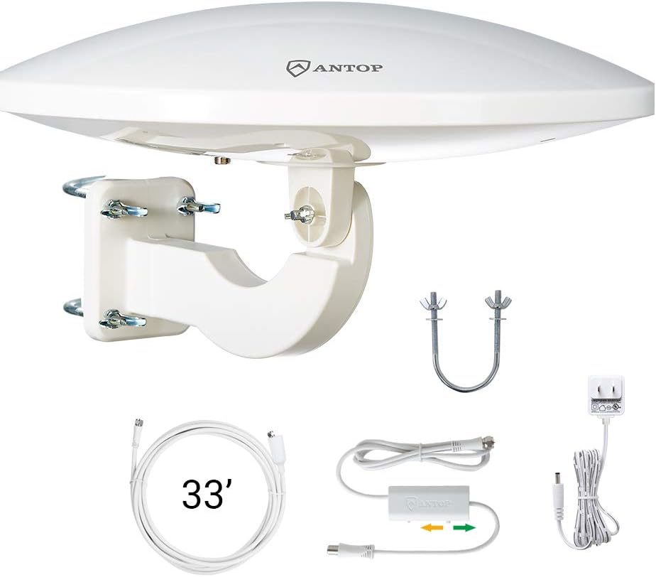 Outdoor HDTV Antenna, ANTOP UFO 360° Omni Directional TV Antenna 65 Mile Range with Smartpass Amplified and 4G LTE Filter for Outdoor, RV, Attic Use(AT-414B)