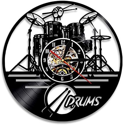 Guitar Drums Set Vinyl Record Wall Clock Wall Art Watch Clock - Drummer Gift Ideas Clock for Boyfriend Drumset Ornament Niece Gifts Teenager Art Decorations Drums Watch Artwork Drum Set Wall Decor