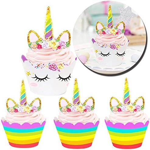Unicorn Rainbow Cupcake Toppers Wrappers Birthday Party Supplies, Horn Cake Decoration Baby Shower Kids Double Sided Set Perfect Gold Banner Girl Happy Wedding Celebration Cute Gift Kit By MoonBoo.