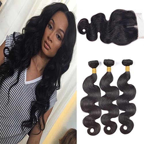 Ali AMY Brazilian Hair Weave Human Hair Bundles Body Wave 3 pcs With Lace Closure Middle Part (12,14,16+10 Inch) Unprocessed Virgin Brazilian Hair Weave Bundles Natural Color