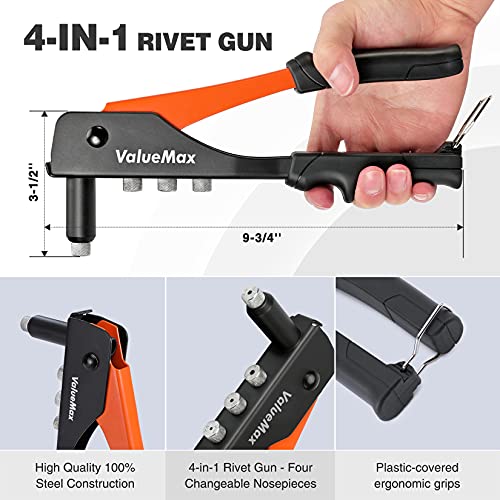 ValueMax 4-in-1 Hand Riveter/Rivet Gun, Pop Rivet Tool Kit with 200 Rivets - 3/32-inch, 1/8-inch, 5/32-inch, 3/16-inch, 4 Interchangeable Nosepieces, Suitable for Metal