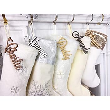 Christmas Stocking Name Tags Personalized Stocking Wood Letters Custom Gold White Name Tags Christmas Rustic Country Farmhouse Cutout Modern