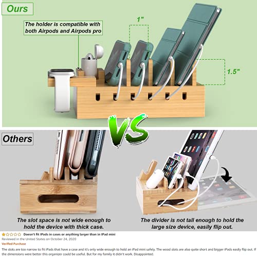 ZCPOW Bamboo Charging Station for Multiple Devices Dock Organizer with 5 USB Ports and 5 Charging Cables Compatible with Cellphone, Kindle, Smart Watch, Power Bank,(UL Adapter Attached).