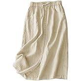 IDEALSANXUN Linen Skirts for Women Summer A Line Flowy Casual Drawstring High Waist Button Down Midi Skirts with Slit