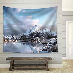Snow in Reine Village, Lofoten Islands, Norway - Fabric Wall Tapestry Home Decor - 51x60 inches
