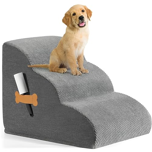 Beauenty Dog Stairs Ramp for Beds & Couches, Extra Wide Pet Steps with Non-Slip Fabric, Ideal Dog Ramp for Bed, Perfect Dog Stairs for Small Dogs and Cats,Grey,3-Tiers