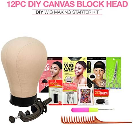 Studio Limited Canvas Block Head DIY Wig Making Starter Kit 12pcs (22") Mannequin Head Wig Display and Stand for Wig Styling