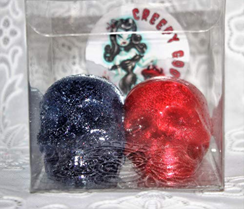 GET 2 JELLY SKULL SHAPED SOAP BARS 1 IN RED & 1 IN BLUE 2 DIFFERENT SCENTS THEY HOLD SHAPE AND LAST A VERY LONG TIME KIDS LOVE IT
