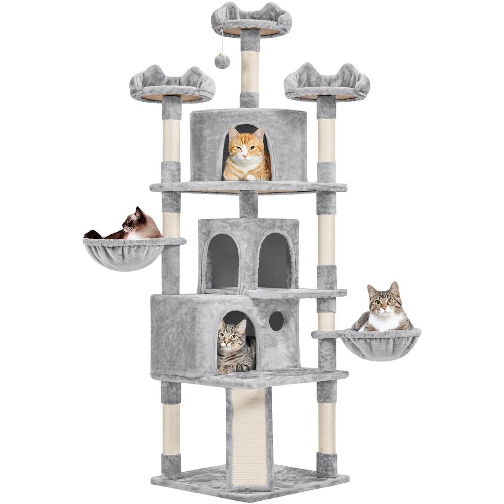 Yaheetech 76.5in Multi-Level Large Cat Tree, Big Cat Tower with 3 Condos, Cozy Plush Perches, 9 Sisal Scratching Posts and Ladder, Activity Center for Large Kitties, Light Gray Image