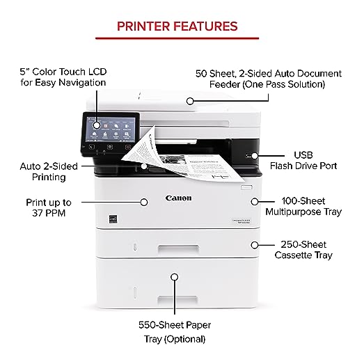 Canon imageCLASS MF462dw - Monochrome, Duplex Wireless Laser Printer, All-in-One with Scanner, Copier, Fax, Home or Office, Auto Document Feeder, Mobile Ready, 3 Year Limited Warranty, 37 PPM, White