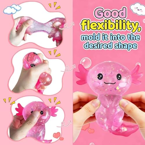 Last page® Axolotl Squishy Stress Relief Toy – Glitter Fidget Toy Cute Salamander Squeeze Toy for Kids & Adults, Party Favor Desk Fidget
