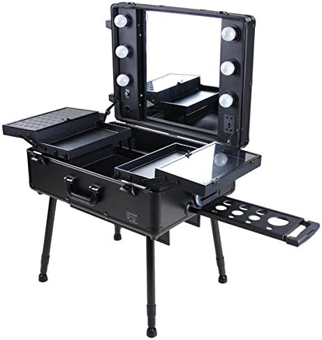 Professional Black Cosmetic Make up Traveling Rolling Vanity Studio Black Makeup Case with Power Outlet Lights Mirror