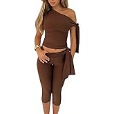 Velius Women Sexy Asymmetrical Tie up One Shoulder Tops Capri Pants 2 Pieces Tracksuit Set Outfit