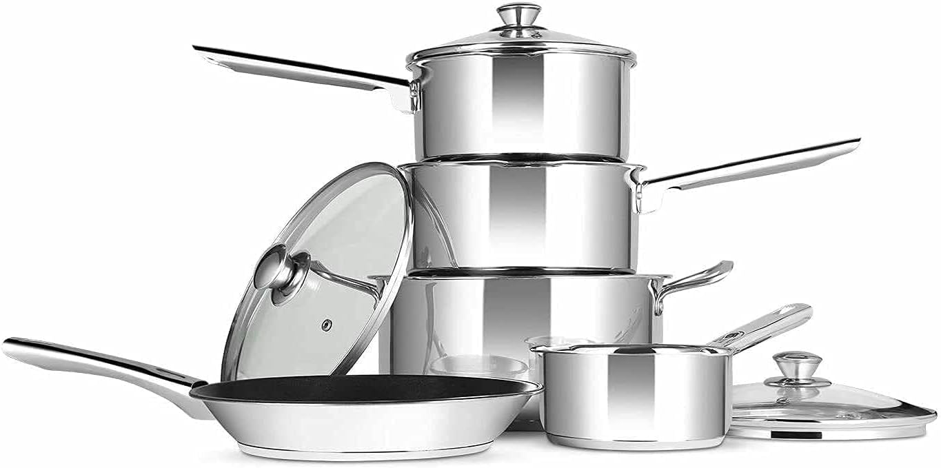 Penguin Home Set of 5 Cookware Pan Set, Stainless Steel Kitchen Set of 5 Piece - 18 cm & 20 cm Saucepan with lid, 24 cm Non Stick Frying Pan, 24 cm Stock Pot and 14 cm Milk Pan