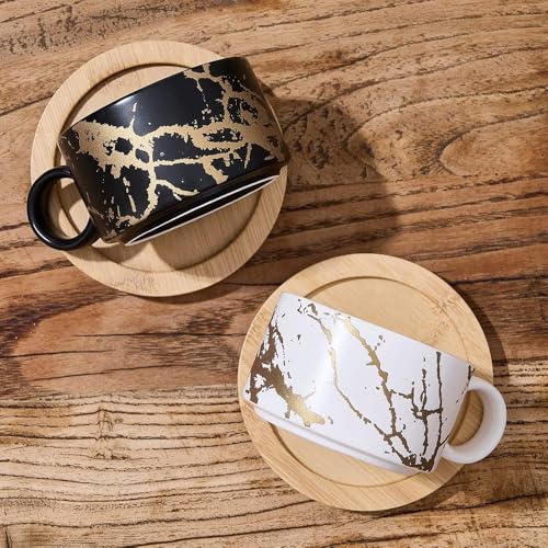 6oz Porcelain Espresso Cups with Metal Stand, 180ml Stackable Ceramic Coffee Mugs Set of 4 for Cappuccino, Latte, Mocha, Tea