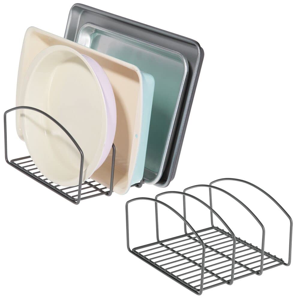 mDesign Set of 2 Pot and Pan Rack Metal Wire Rack for Cookware Storage standing Pan Stand for Pans, Pots, Lids and Crockery Graphite Grey