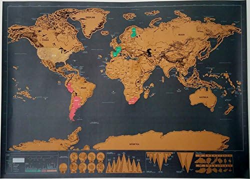 Scratch Off World Travel Tracker Map- Black with Gold Coating- 32.5 X 23.4 in.