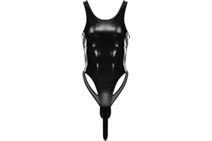 Oyolan Mens Wet Look Shiny Leather Bodysuit Party Rave Outfits Clubwear Wrestling Singlet with Sheath