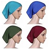 Ksweet 4pcs Lightweight Hijab Cap Under Scarf Women Tube Bonnet Cap Elastic Underscarves Inner Hijab Caps (Blue+Wine red-Green-Light blue)