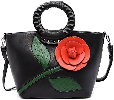 Elphis 3D Rose Flower Wooden Top Handle Satchel Purse Womens Handbag (Black)