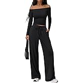 Trendy Queen 2 Piece Off Shoulder Set Womens Wide Leg Pants Side Ruching Slightly Crop Top Sets