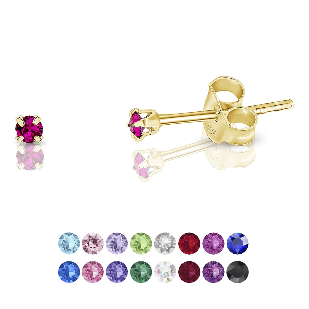 DTPSilver - 925 Sterling Silver Yellow Gold plated Round TINY Stud Earrings made with Glittering Crystals from Swarovski® Elements - Diameter: 2 mm - Colour : Fuchsia