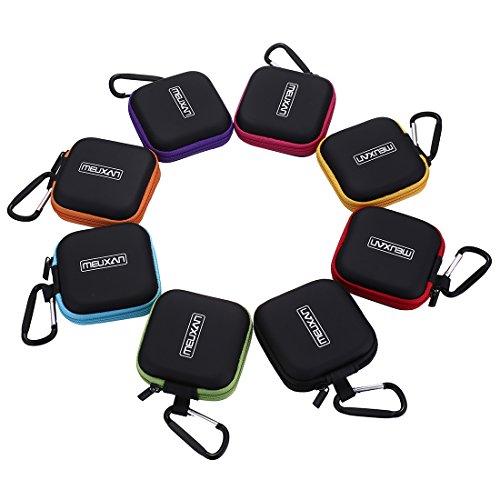 Meuxan 8-Pack Earbud Case Mini Storage Carrying Pouch with Carabiner for Earphone Headphone USB Cable Flash Drive, 8 Colors