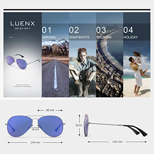 LUENX Men Women Aviator Sunglasses Polarized Mirrored Dark Blue Lens Silver Frame UV 400 60 MM with Accessories Classic Style