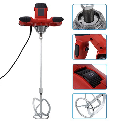 Liusin Electric Concrete Mixer Handheld 1500W Adjustable 7 Speed Heavy Duty Mortar Cement Mixer with Mixing Paddle for Thinset Grout and Mortar AC 110V (Red)