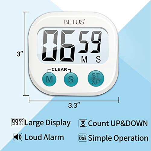 Betus 2 Pack Digital Kitchen Timer - Big Digits, Simple Operation and Loud Alarm - Magnetic Backing or Table Stand - Stopwatch Count Up and Down for Cooking Baking Sports Games Office