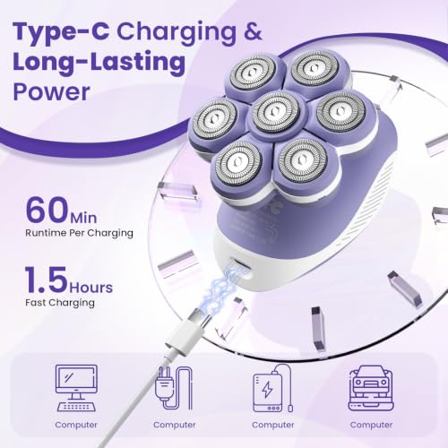 VIKICON Women's Electric Shaver 7D, USB Rechargeable Women's Shaver, Body Shaver for Legs and Body, Floating Head, Dry/Wet, LED Light, Compact for Travel, Purple