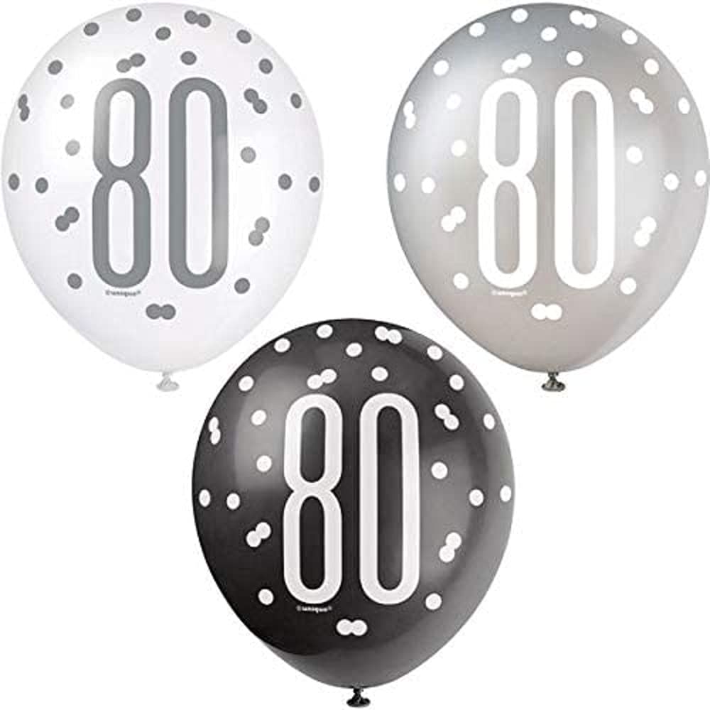 Stunning Glitz Black, Silver & White Latex Balloons for 80th Celebrations (30cm) - Perfect for Elegant Celebrations, Parties & More - 6ct