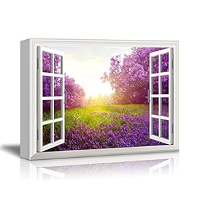 Canvas Print Wall Art - Window Frame Style Wall Art - Purple Flower and Green Grassland Under Bright Sunshine | Giclee Print Gallery Wrap Modern Home Decor. Stretched & Ready to Hang - 24" x 36"