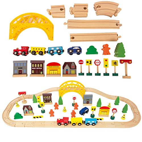 60Pcs Train Set for 3 Year Old Boys, DoubleSide Wooden Train Set