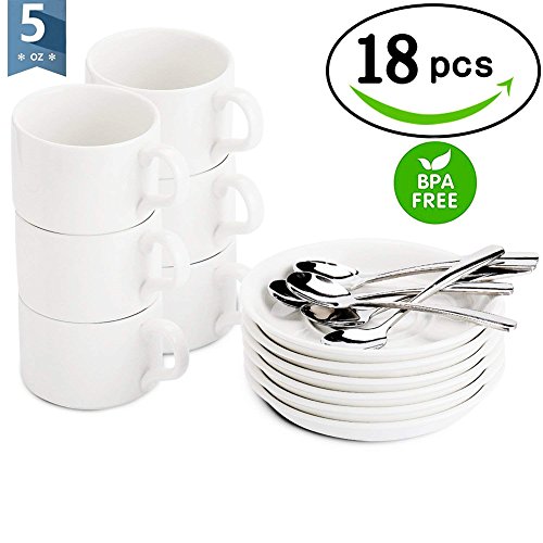 Espresso Cups with Spoons and Saucers - Demitasse Cups/Mugs - Set of 18 pcs - 5 Ounce White Mugs (Gift Package)