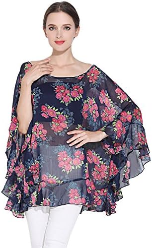 ZATOGOO Women's Floral Printed Back Hollow Out Ruffle Hem Sleeve Sheer Top Blouse