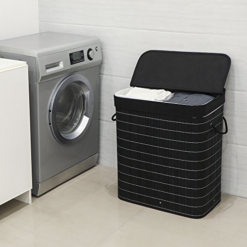 SONGMICS Divided Bamboo Laundry Twosection Hamper Double