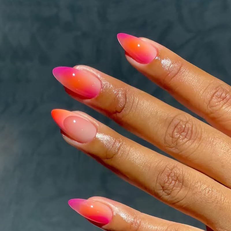 Almond Press On Nails Short Ombre Fake Nails Pink Orange Gradation Nails Press Ons French Acrylic False Nails With Artificial Glossy Designs Full Cover Glue On Nails For Women Girls