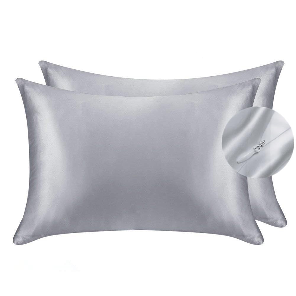 Silky Luxury Satin Pillow Case for Hair & Facial Skin to prevent wrinkles Hidden Zipper (Silver, Standard(50x75cm) 2 Pk)