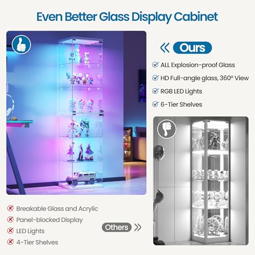 Dystler Glass Display Case RGB Lights 6-Tier Curio Cabinet for Collectibles | Press-open 360° Tempered Glass Doors, 12 RGB Modes & Motion Sensor Auto-Light, Key Lock — Smart Figures Corner Display Case
