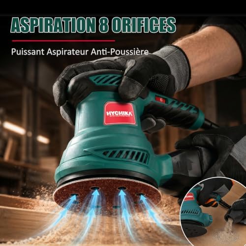HYCHIKA Ponceuse Excentrique, 6 Vitesses Variables 300W 13000RPM Ponceuse Orbitale, 12Pcs Disque Abrasif 125mm, Ponceuse Bois avec Collecte de Poussière pour le Polissage du Ponçage du Bois