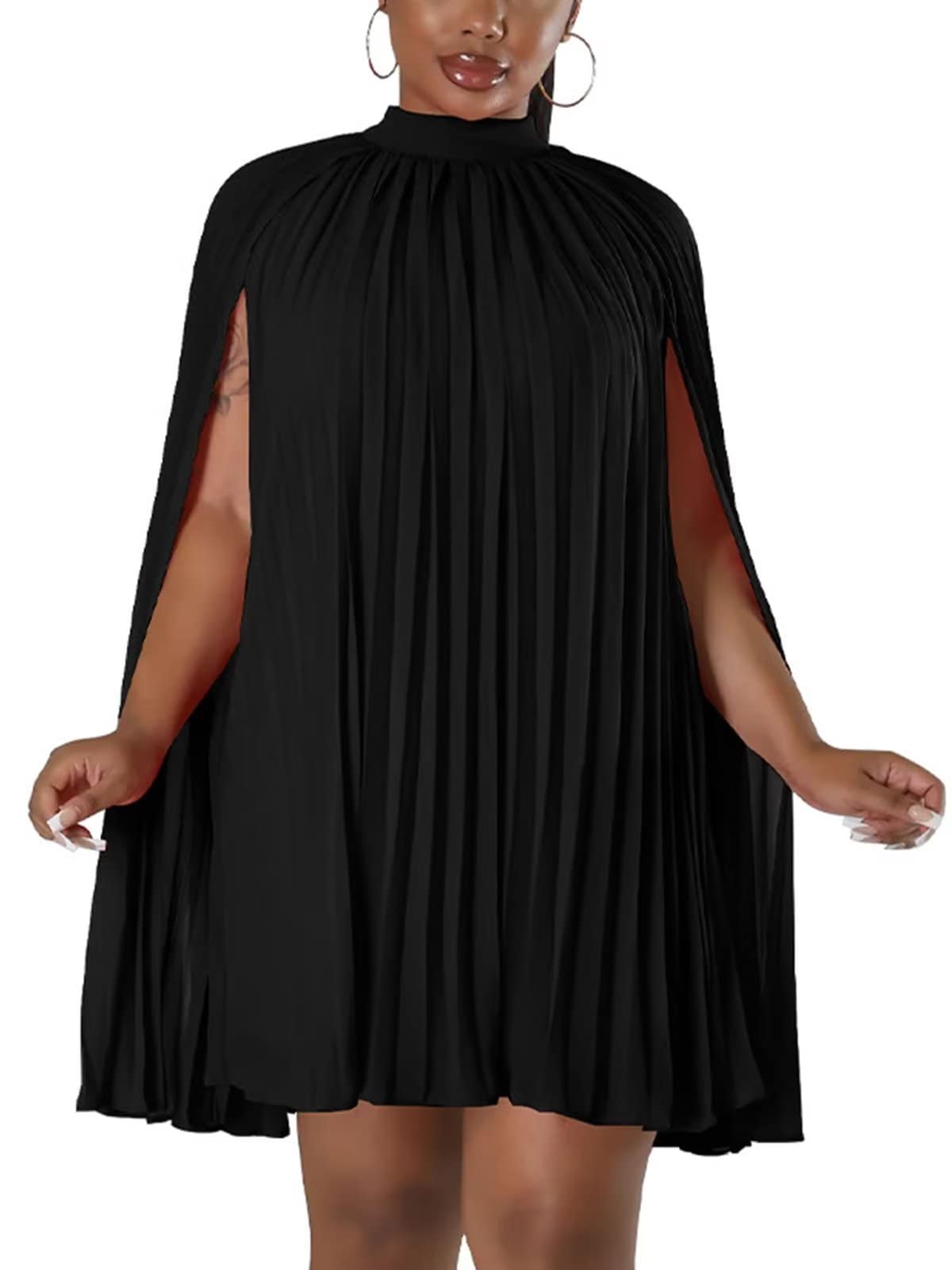 Photo 1 of Ekaliy Women’s Stand Collar Cloak Long Sleeve Cape A Line Dress Elegant Pleated Mini Evening Dress Black XL