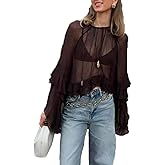 Womens Sheer Chiffon Blouse Flowy Large Flare Sleeve Ruffle Hem Blouse Y2K Sexy Crewneck See Through Shirt