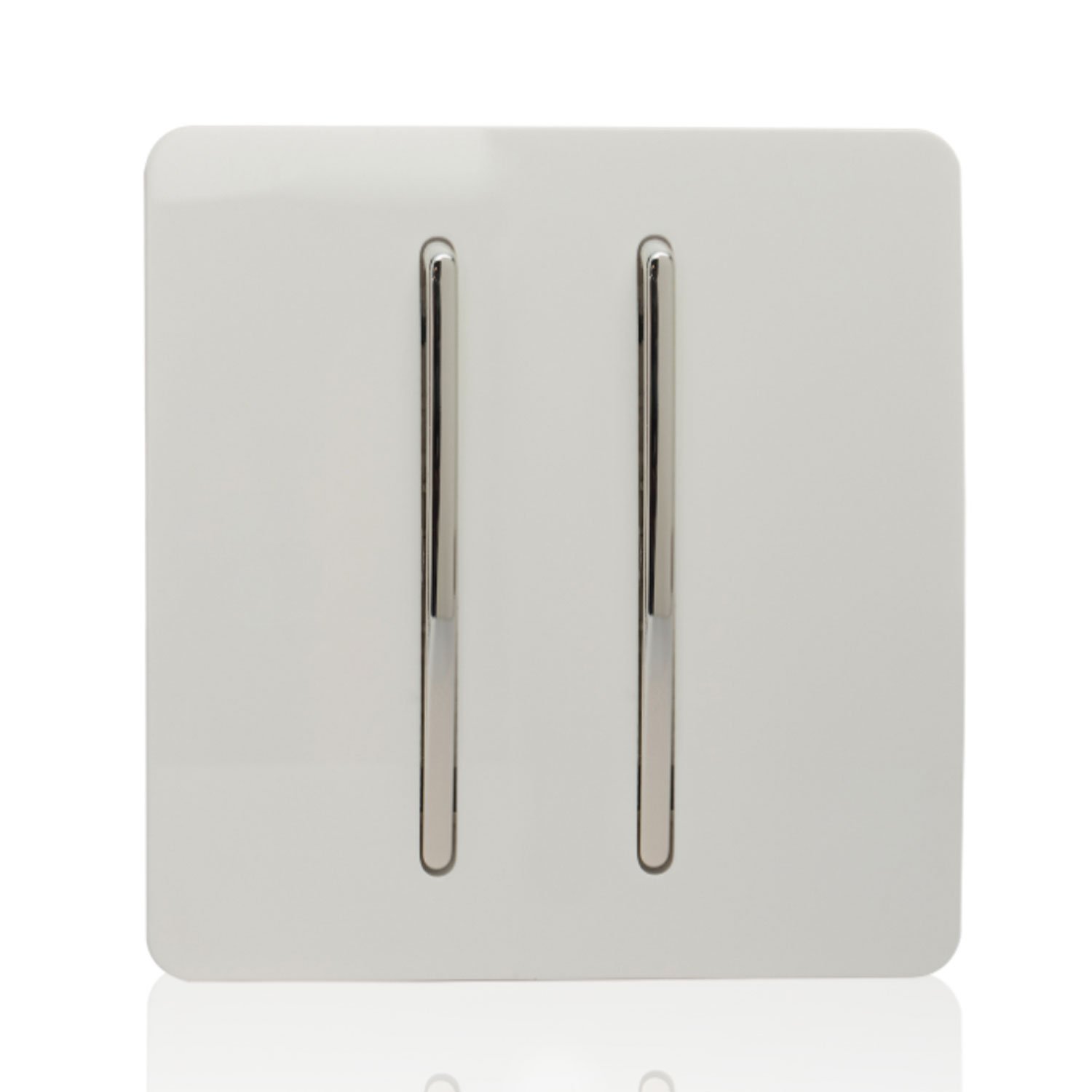 Trendi 2 Gang 2 Way 240V Screwless Raised Front Plate Plastic Artistic Modern Glossy 10 Amp Chrome Rocker Single Electrical Wall Light Switch Ice White - ART-SS4WH