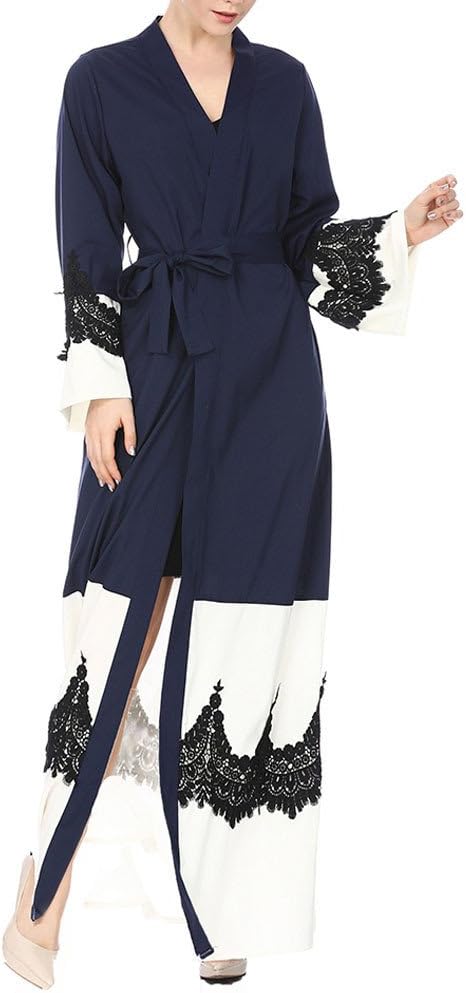 JPOQW Women's Coat Casual Long Sleeve Muslim Robe Lace Contrast Cardigan Loose Robe